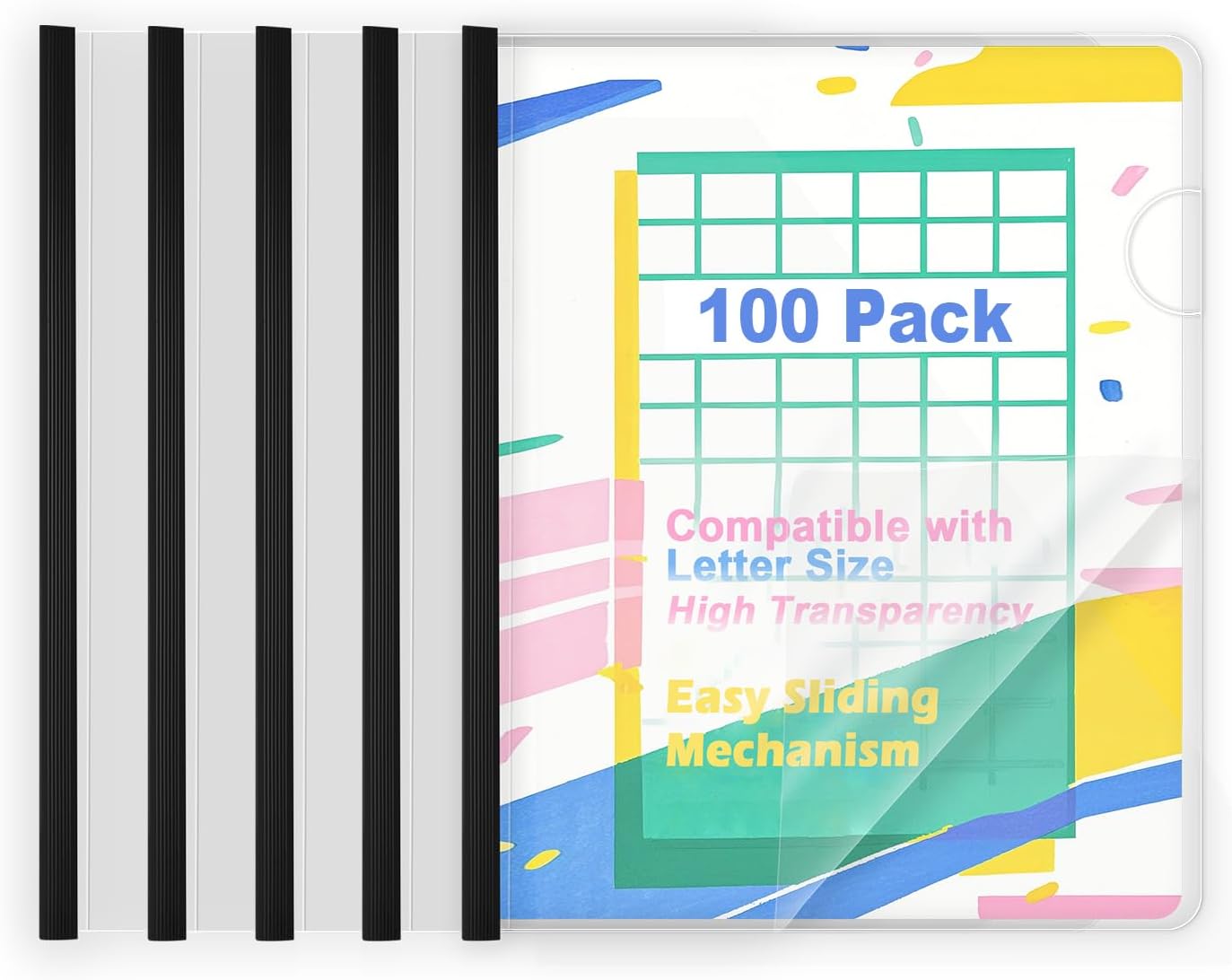 TOTiyea 100 Pack Letter Size Clear Report Covers with Sliding Bars, 5mm (25 Sheet Capacity) Sliding Bar File Folders, Black