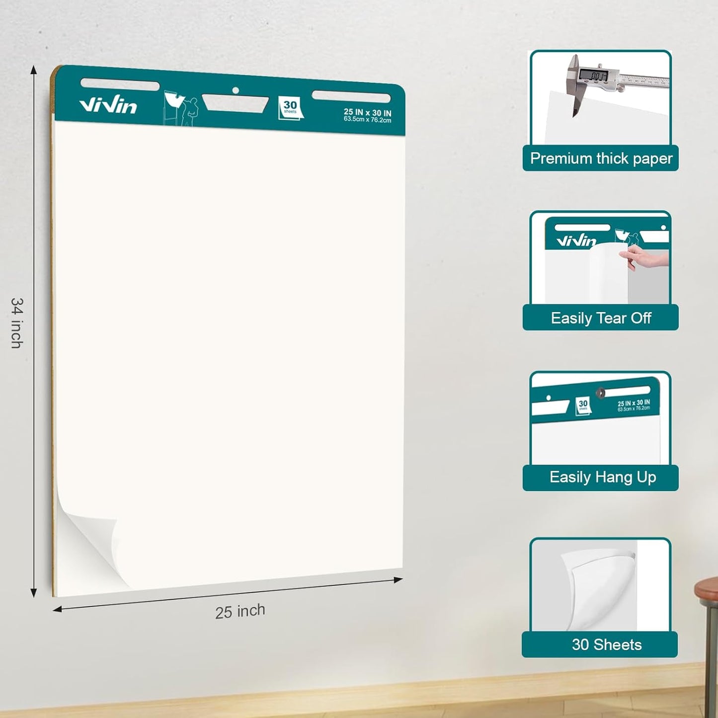 ViVin Super Sticky Easel Pad, 25 x 30 Inches Flip Chart Paper for Teachers, Large Self Stick Easel Paper, Teacher Anchor Chart, 30 Sheets/Pad, 8 Pads/Pack