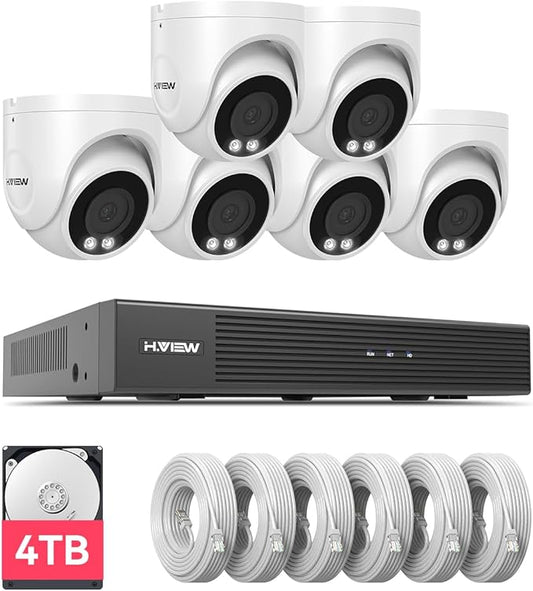 H.VIEW 4K/8.0 Megapixel PoE Outdoor Home Security Camera System Wired Outdoor Video Surveillance IP Cameras System，Ultra Wide-Angle &Audio，8CH NVR 4TB HDD