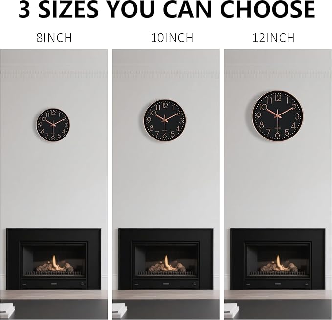 Silent Wall Clocks Battery Operated 8 Inch, Analog Wall Clock with Oversized Number Tempered Glass Clock Face, Non Ticking Wall Clocks for Living Room Bedroom Kitchen Office, Black Rose Gold