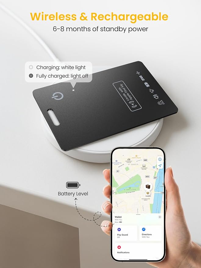 Wallet Tracker Card – Works with Apple Find My [Apple MFi Certified, iOS Only], Slim 1.65mm Bluetooth Item Finder, IP68 Waterproof, Wireless Rechargeable GPS Locator for Wallet, Keys & Luggage