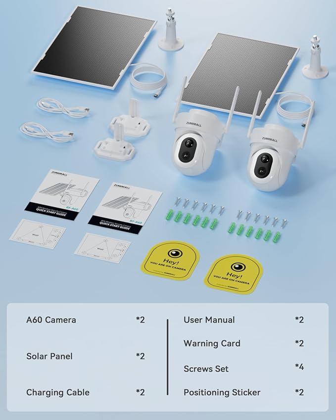 ZUMIMALL 9W Solar Security Cameras Wireless Outdoor, AOV 24/7 Recording Cameras for Home Security, 360° View, 2K Color Night Vision, 2-Way Talk, 2.4GHz WiFi, Auto Tracking, SD/Cloud/Alexa/AI (2-Pack)