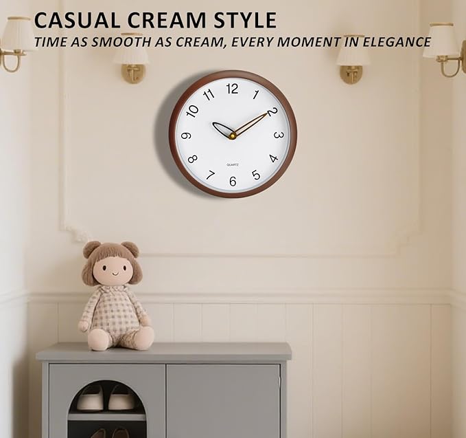 Wall Clock, 12 Inch Wall Clocks Battery Operated, Silent Non Ticking Analog Clock with Large Numbers, Cream Modern Wooden Hands Clocks for Living Room Bedroom Kitchen Hotel Farmhouse, Brown