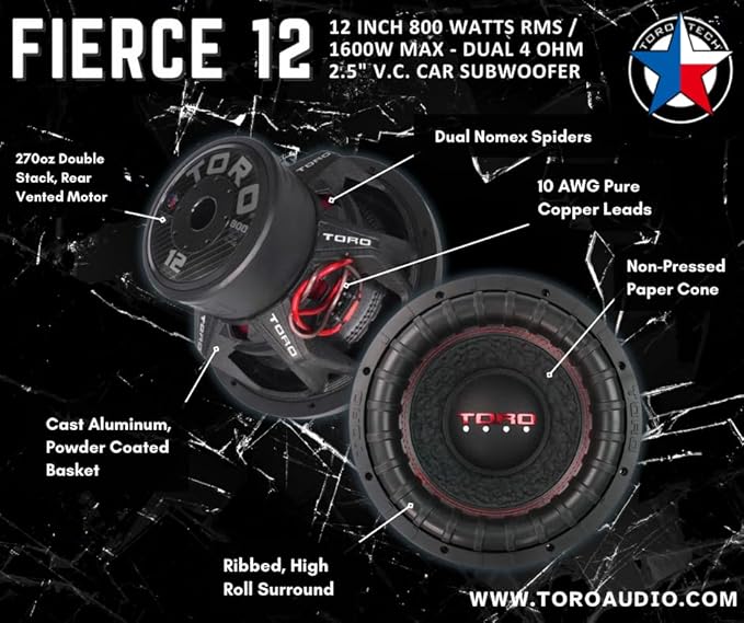 TORO TECH – Fierce 12, 12 Inch 800 Watts RMS – 1600 Watts MAX – Dual 4 Ohm 2.5 Inch Voice Coil, 12” Car Audio Subwoofer for Cars, Trucks, Jeeps, Boats, Off Road with Hard Hitting Bass (Sold As Each)