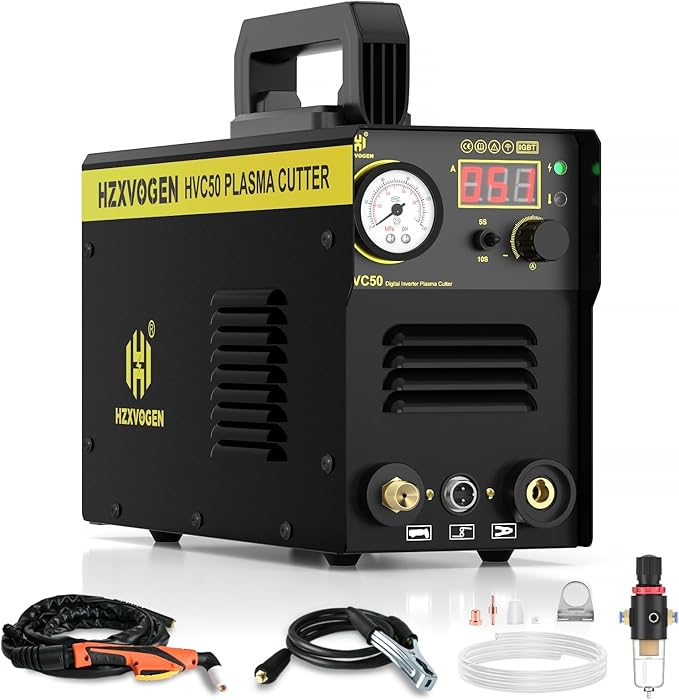 H HZXVOGEN Plasma Cutter, 50A Portable Plasma Cutter with Post Flow, 110/220V Dual Voltage Digital Display DC IGBT Inverter HF Air Plasma Cutting Machine, 1/3 inch Clean Cut for Beginners DIY(HVC50)