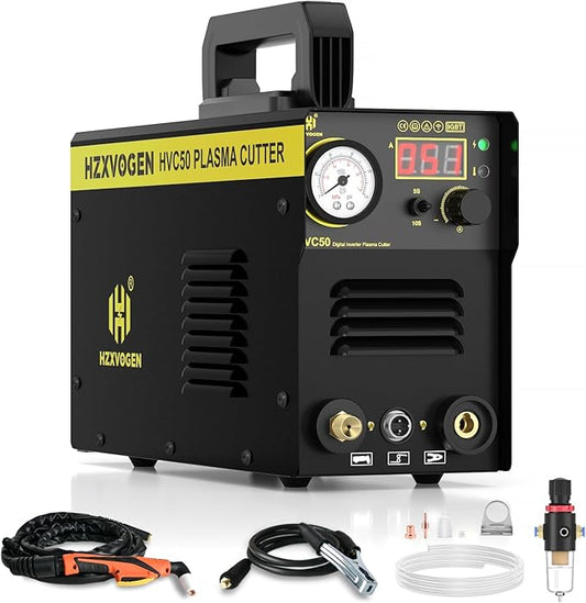 H HZXVOGEN Plasma Cutter, 50A Portable Plasma Cutter with Post Flow, 110/220V Dual Voltage Digital Display DC IGBT Inverter HF Air Plasma Cutting Machine, 1/3 inch Clean Cut for Beginners DIY(HVC50)
