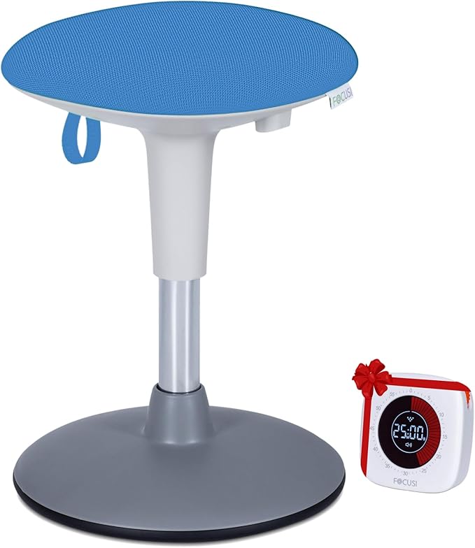 Wobble Stool for Kids Ages 7â12; Adjustable Height Wobble Stools for Classroom Seating with Soft Cushion; Flexible Wiggle Chair for Focus and ADHD Support + Bonus Visual Timer (Sky Blue)