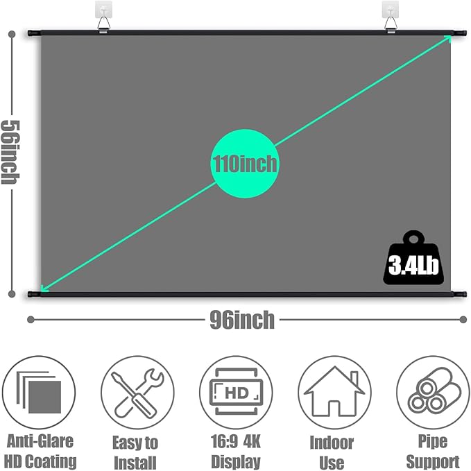 110 inch Projector Screen, XIAOHUI Portable Movie Projector Screen for Outdoor Indoor with 3 pcs Adhesive Hook, 4K Hanging Projection Screen for Room Wall, No Drilling, Anti-Glare Coating, 16:9 HD