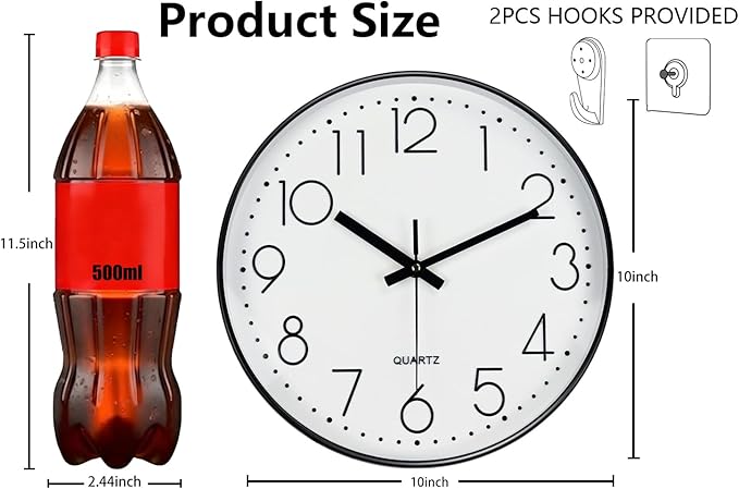 Wall Clock, Silent Wall Clocks Battery Operated 10 Inch Modern Non Ticking Analog Clock with Large Numerals Tempered Glass Clocks for Bedroom, Living Room, Kitchen, Office Decor, White Black