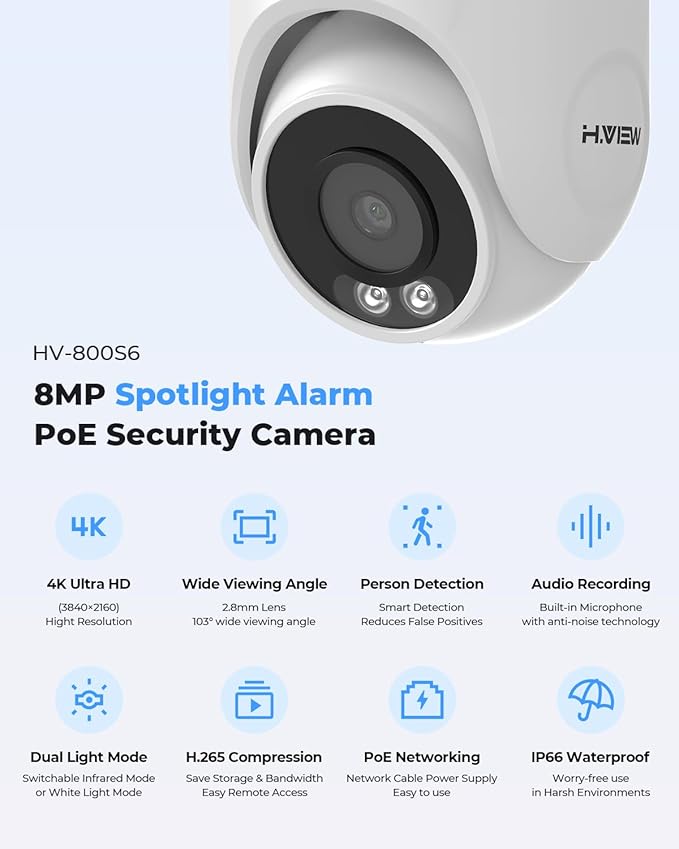 H.VIEW 16 Channel NVR PoE Security Camera System Wired, 8MP 4K 16CH Commercial NVR 4TB, Smart AI Color Night, 16x 8MP Outdoor Audio IP Cameras, 16x Network Cables, CCTV for Businesses Home