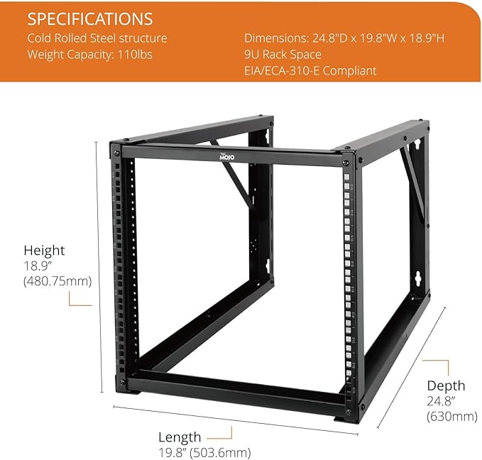 Tecmojo 9U Wall Mount Rack, Wall Mount Network Rack 24.8in Depth, Open Frame Server Rack for 19in IT/AV/Data/Home Equipment, Black
