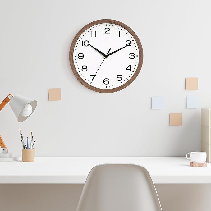 AKCISOT Wall Clock, Modern Small Wall Clocks Battery Operated 8 Inch, Silent Non-Ticking Analog Classic for Office, Home, Bathroom, Kitchen, Bedroom, School(Walnut Grain)