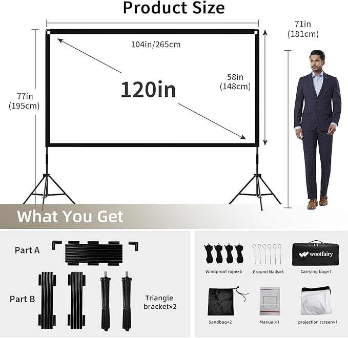 Projector Screen with Stand, Wootfairy 120 inch Portable and Foldable Indoor Outdoor Projection Screen 16:9 4K HD Rear Front Wrinkle-Free Movie Screen with Carry Bag for Home Theater Backyard Cinema