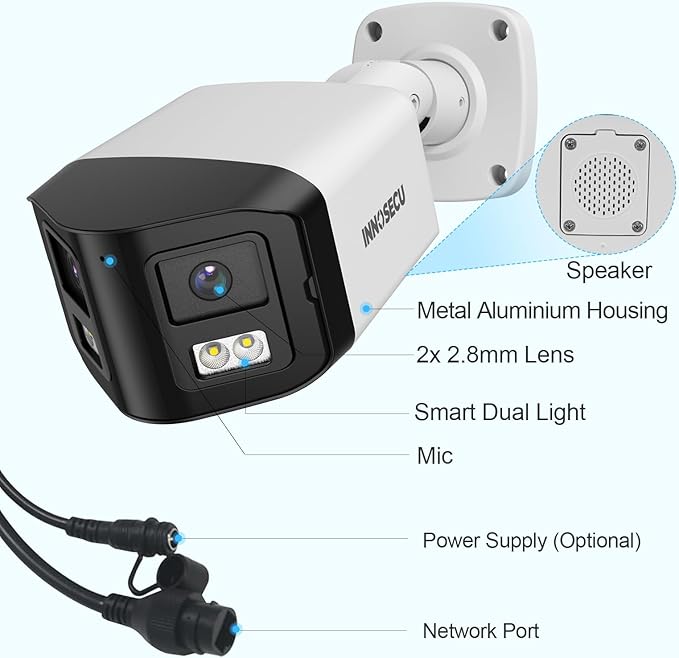 8MP Dual Lens IP PoE Camera, 2X 4MP Security Bullet Surveillance Camera with 180° Angle View, Waterproof IP67, Light Color Night Vision, Two-Way Audio, Human/Vehicle Detection, INB8CD58A