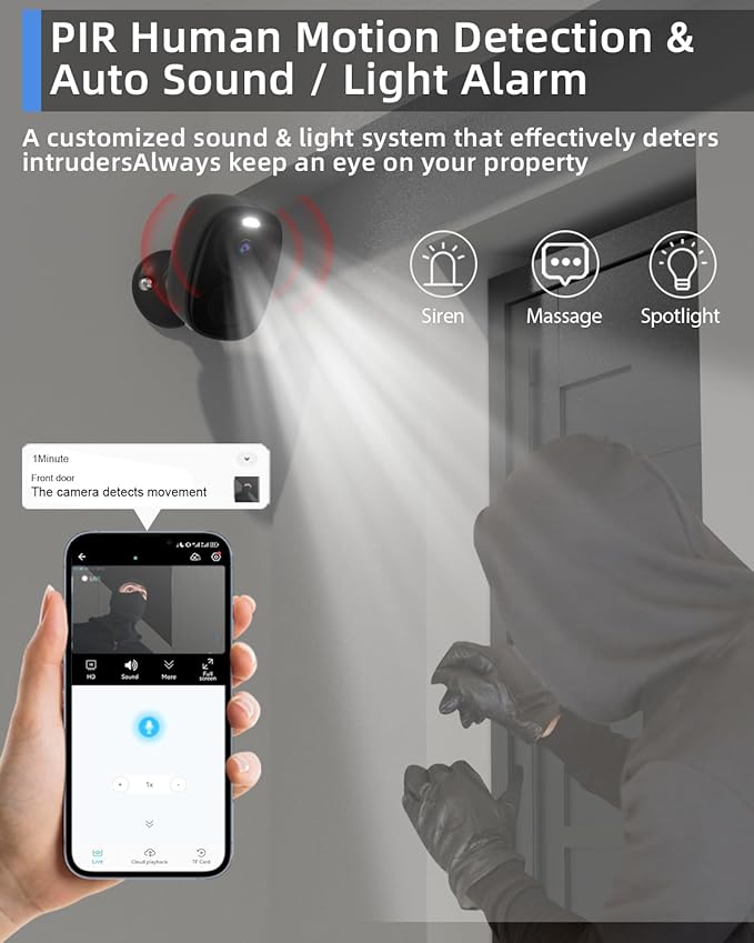 ELECCTV 5G/2.4G WiFi Security Cameras Wireless Outdoor, 2K Battery Powered WiFi Cameras with AI Motion Detection Spotlight Siren,Color Night Vision, 2-Way Talk, IP65, Works w/Alexa (W1SP-B-1PC)