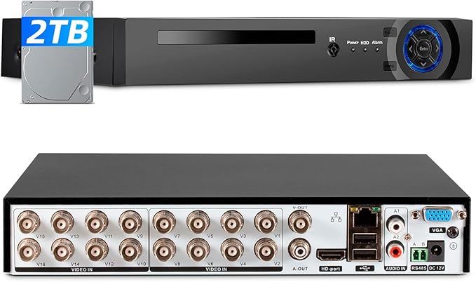 16 Channel Security Recorder DVR,5MP 16CH Surveillance Video Recorder for Security Camera,5MP Hybrid 5-in-1 Camera DVR AHD/TVI/CVI/CVBS/IP with Human Detection,24/7 Recording(with 2TB Hard Drive)