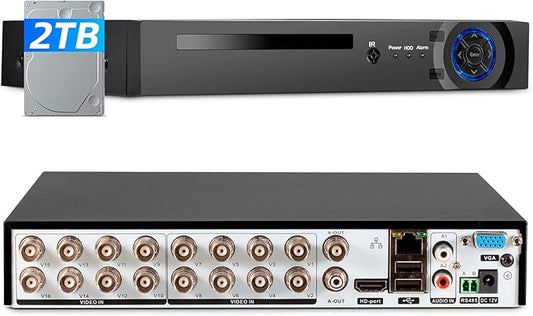16 Channel Security Recorder DVR,5MP 16CH Surveillance Video Recorder for Security Camera,5MP Hybrid 5-in-1 Camera DVR AHD/TVI/CVI/CVBS/IP with Human Detection,24/7 Recording(with 2TB Hard Drive)
