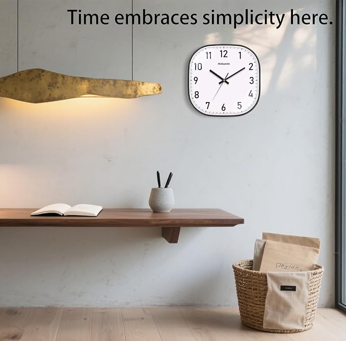 Wall Clocks Battery Operated, 12 Inch Silent Wall Clock, Non Ticking Square Analog Decorative Wall Clocks for Bedroom Living Room Office Home Gym Porch Decor Indoor Outdoor Clock, Black