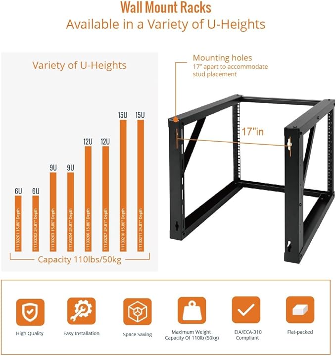 Tecmojo 9U Wall Mount Rack, Wall Mount Network Rack 24.8in Depth, Open Frame Server Rack for 19in IT/AV/Data/Home Equipment, Black