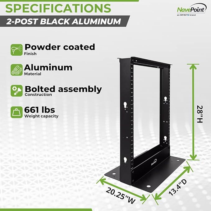 NavePoint 13U 2 Post Open Frame Server Rack for 19 Inch Equipment, AV, Networking, Data & IT Devices, 2-Post Rack 13U 661lbs Weight Capacity, Black
