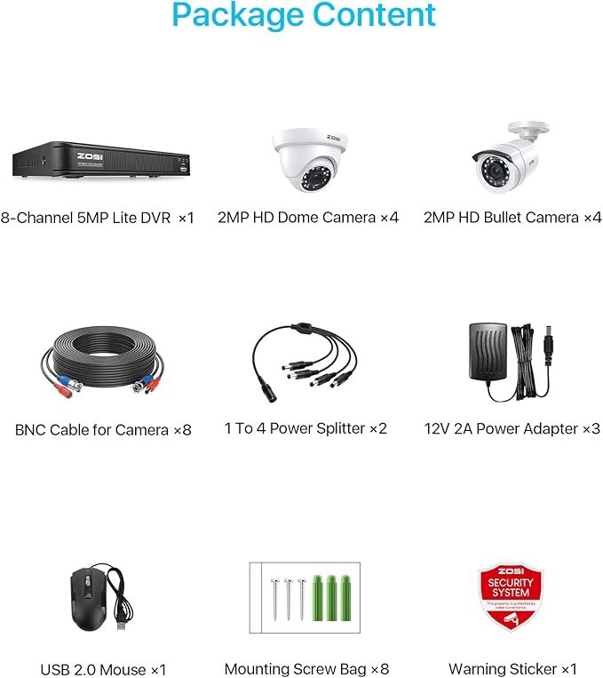 ZOSI H.265+ 1080p Home Security Camera System Indoor Outdoor, 5MP Lite CCTV DVR 8 Channel, 8 x 1080p Weatherproof Surveillance Bullet Dome Camera, Remote Access, Human Vehicle Detect (No Hard Drive)