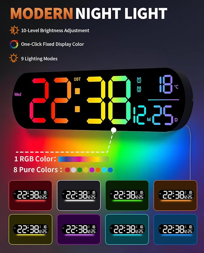 14" Large Digital Wall Mount Clock, Count Down Timer, Alarm, Big LED, 11 RGB Color, Temperature for Living Room Classroom Desk, Xmas, Birthday Gift for Senior Mom Dad (Oval)