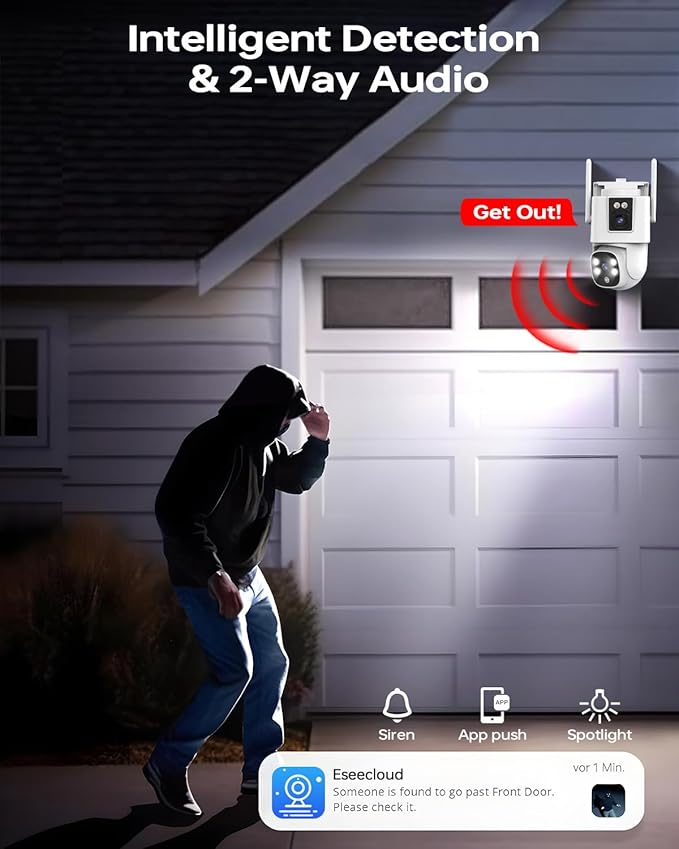 Wireless Outdoor Security Camera System, Wkkengd Dual Lens Dual Screen Auto Tracking 4 Home Surveillance Camera Set 12.5" Monitor 1TB 10CH NVR Color Night Vision 2 Way Audio Wi-Fi 6 Alexa Compatible