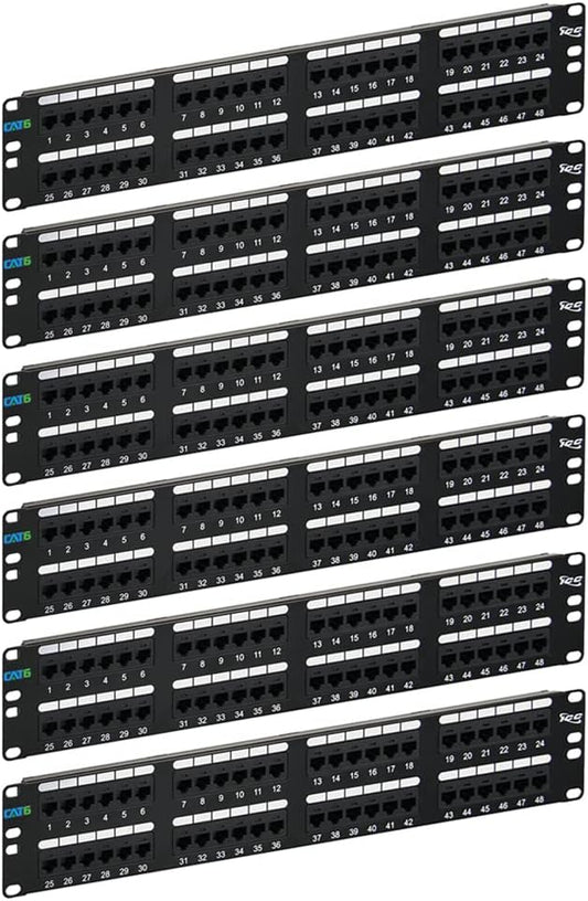ICC CAT6 Patch Panel, UL Listed & PoE++ Rated Gigabit Applications, Rackmount 48 Port 2U 19-Inch Network Patch Panel with Rear 110 IDC Terminal Blocks for Gigabit Network Switch, Black, Pack of 6