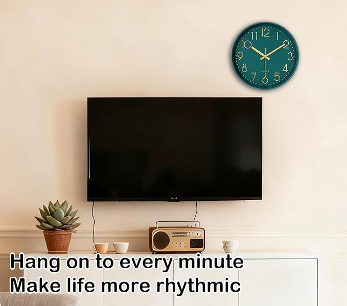 Modern Silent Wall Clock, 12 Inch Wall Clocks Battery Operated Large Number, Non-Ticking Analog Clock with Tempered Glass Quartz Clocks for Living Room Bedroom Office Kitchen, Dark Green