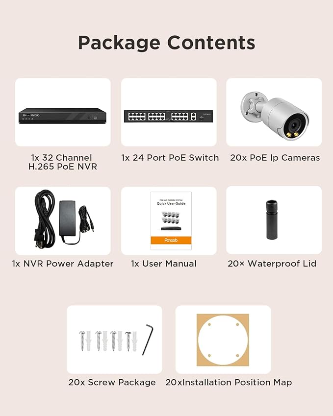 32 Channel Security Camera System for Business, 4K 32CH PoE NVR 8TB HDD,20x 5MP Wired IP PoE Cameras Outdoor,Smart Color Night Vision,AI Human Vehicle Detection,Built-in microphone,PB38F2032-5M