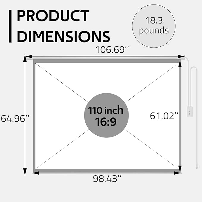 YODOLLA 110" Projector Screen Motorized 16:9, 4K HD Pull Down Retractable Projection Screens Electric Automatic Wall Ceiling Movie Screen for Office Classroom Indoor with Remotes
