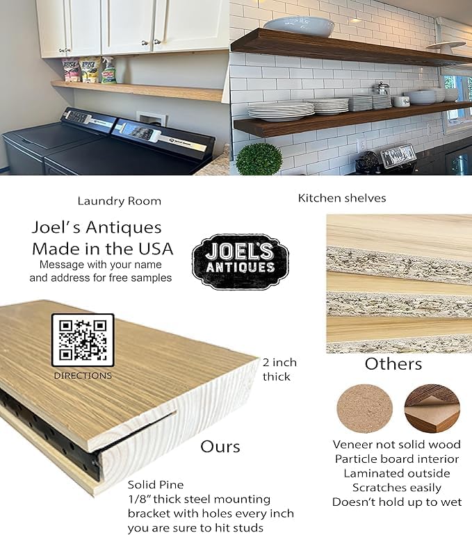 joelsantiques - 72 Inch Wooden Floating Shelves for Wall - 72x8x2 in - Made of Natural Wood - Long FWall Shelves for Bedroom - Perfect for Living Room, Kitchen - Made in USA - Beige