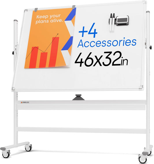 Rolling Dry Erase Board 46 x 32 - Large Portable Magnetic Whiteboard with Stand - Double Sided Easel Style with Wheels - Mobile Standing Whiteboard for Office, Classroom & Home