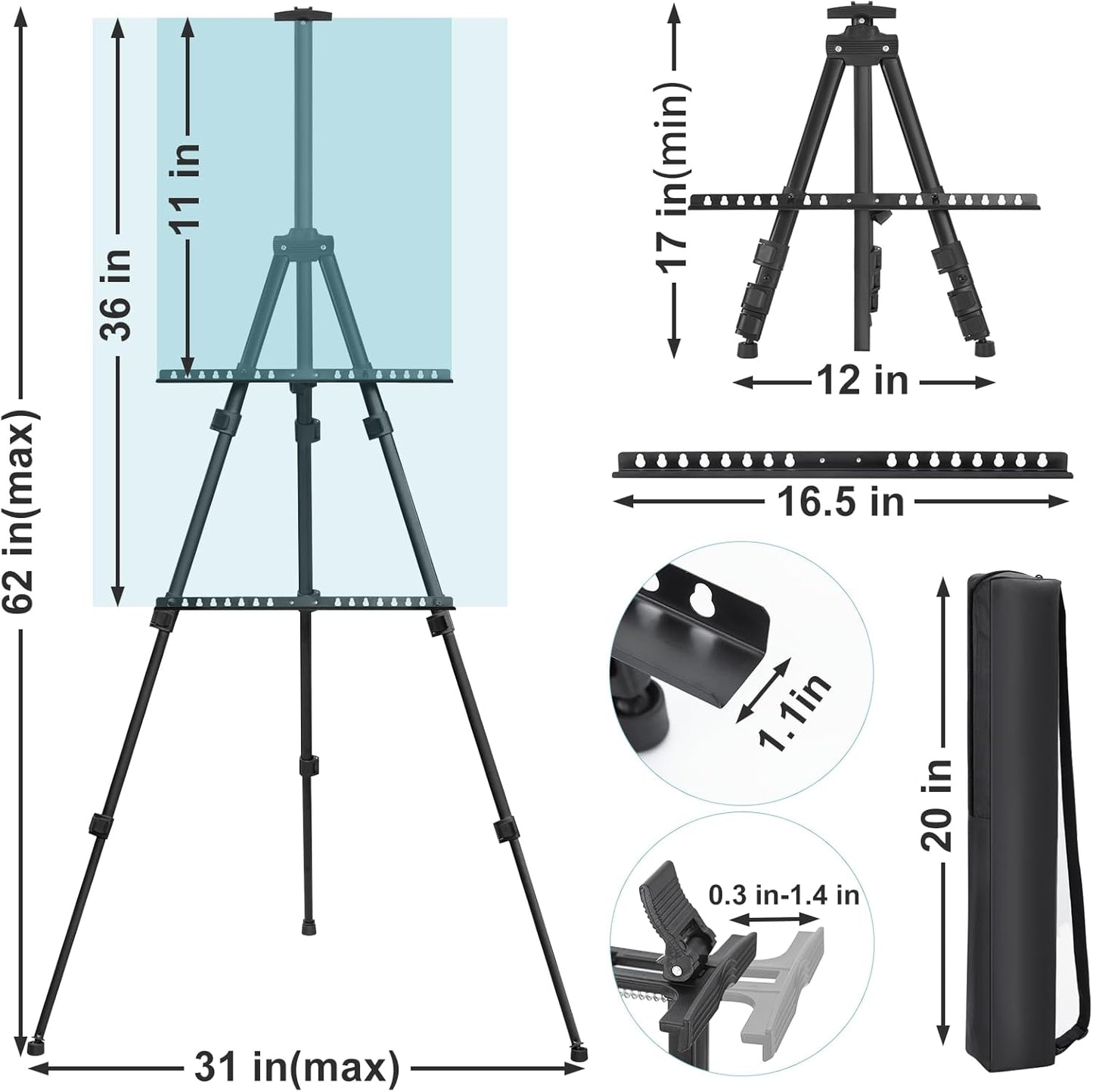 1PCS Art Painting Easel Stand, Adjustable Metal Large Easel for Painting, Canvas Heights from 17 to 66 Inch, Standing Easel for Painting, Wedding Sign, Tabletop or Floor, Black