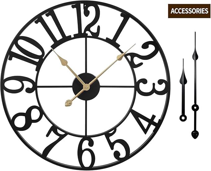 LEIKE Large Wall Clocks for Living Room,Silent,Non Ticking,Battery Operated Oversized Vintage Round Modern Metal Wall Clock for Bedroom,Farmhouse,Office Home Decor-24 Inch(Black-Arabic Number)