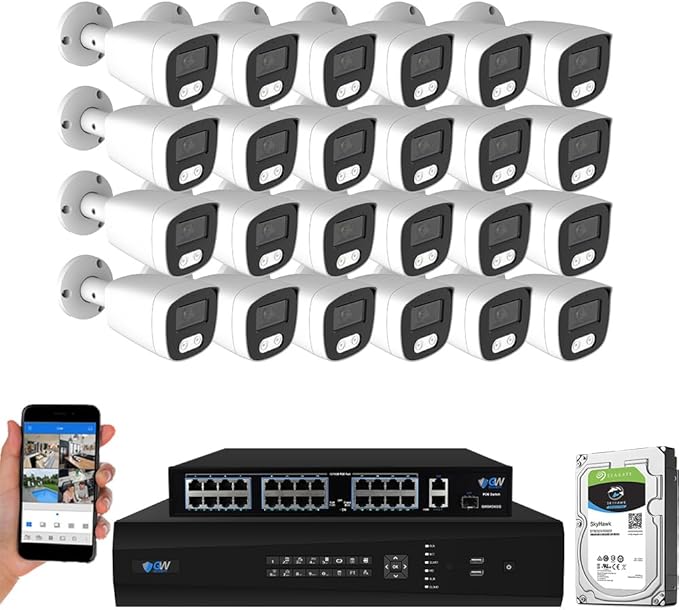 GW Security 32 Channel 12MP NVR 4K Security Camera System with 24 x 8MP PoE Spotlight Color Night Vision Outdoor/Indoor Microphone Bullet Cameras, Smart AI Human/Vehicle Detection