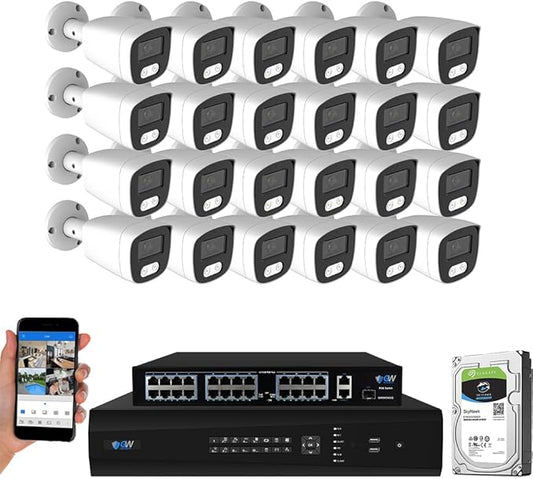 GW Security 32 Channel 12MP NVR 4K Security Camera System with 24 x 8MP PoE Spotlight Color Night Vision Outdoor/Indoor Microphone Bullet Cameras, Smart AI Human/Vehicle Detection