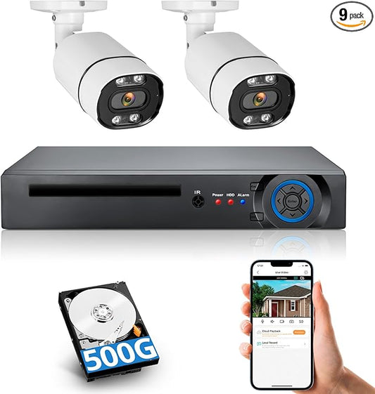 Fuers 8CH H.265+ Surveillance DVR Kits,Security Camera System with 2 x 2592TVL 5MP Wired IP66 Bullet Cameras for Indoor Outdoor Use,500G Hard Drive Included, Email Alert
