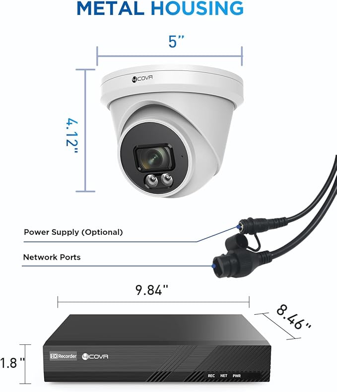 4COVR PoE Security Camera System 4K, 8X 8MP 110° Wide View Angle IP67 Dome IP Camera with Audio, 4K 8 Channel NVR 2TB HDD, AI Human Vehicle Detection & Night Vision, 24/7 Recording, LY97SA8M0808