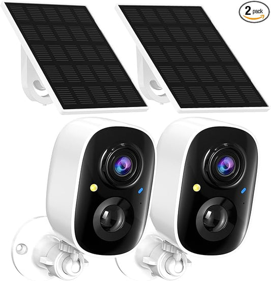 2K FHD WiFi Wireless Cameras Solar Powered,Security Cameras Wireless Outdoor,Outside Camera for Home Security,AI Motion Detection,Color Night Vision,Spotlight,Siren Alarm,SD/Cloud Storage,2 Pack