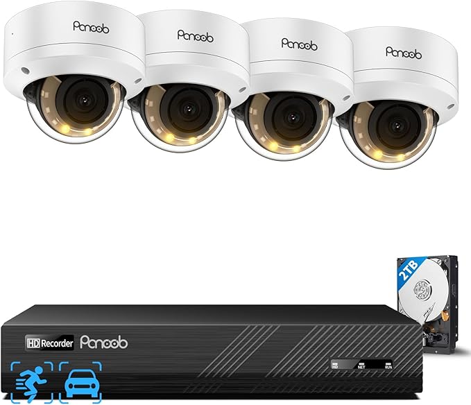 4K Home Security Camera System, 4pcs 8MP Wired IP Vandal IK10 Dome Cameras Outdoor, AI Person Vehicle Detection, Smart Color Night Vision, 2 Way Audio, 4K 8CH NVR with 2TB HDD, PD54Y0408-8M