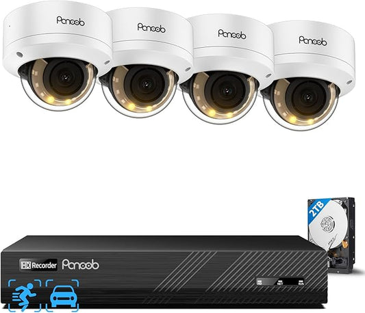 4K Home Security Camera System, 4pcs 8MP Wired IP Vandal IK10 Dome Cameras Outdoor, AI Person Vehicle Detection, Smart Color Night Vision, 2 Way Audio, 4K 8CH NVR with 2TB HDD, PD54Y0408-8M
