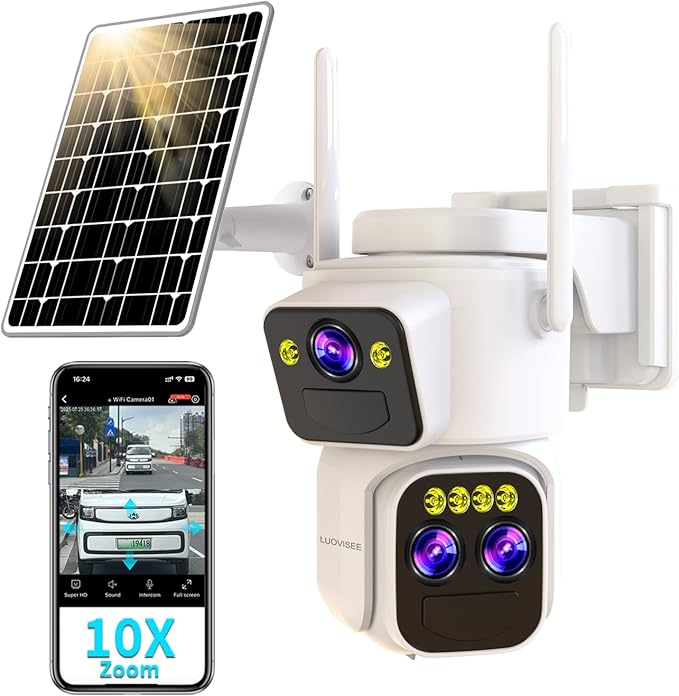 Triple-Lens Solar Security Cameras Wireless Outdoor,360°PTZ Cameras for Home Security with 10x Hybrid Zoom,5G/2.4G WiFi,No Month Fee,PIR Alarm,Full Color Night Vision, Two-Way Audio,IP65