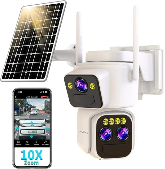 Triple-Lens Solar Security Cameras Wireless Outdoor,360°PTZ Cameras for Home Security with 10x Hybrid Zoom,5G/2.4G WiFi,No Month Fee,PIR Alarm,Full Color Night Vision, Two-Way Audio,IP65
