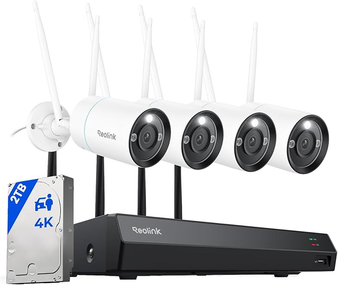 REOLINK 4K Security Camera System, 4pcs Outdoor 4K/8MP Plug-in WiFi 6 Cameras, Full Metal Material, Color Night Vision, Person/Vehicle/Animal Detection, 16CH WiFi NVR with 2TB HDD, RLK12-800WB4