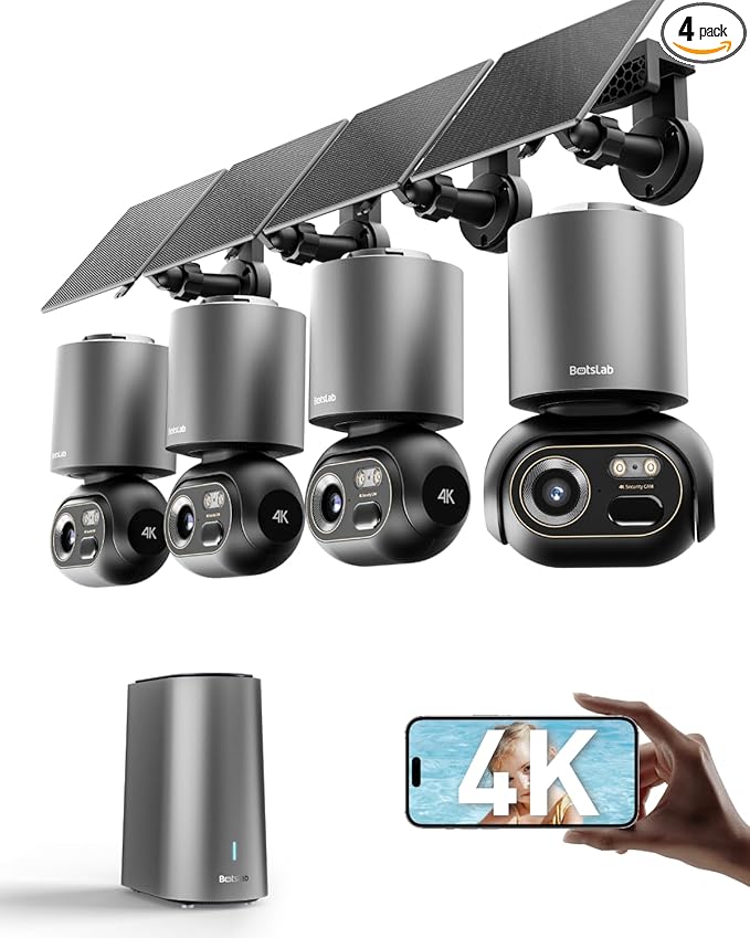 BOTSLAB Security Cameras Wireless Outdoor, 4 Cam-Kit, 4K Color Night Vision, Solar Security Camera System with 360° PT, No Monthly Fee,32GB Local Storage Base Station,AI Recognition,DIY Installation