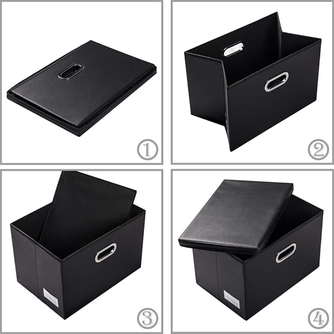 PRANDOM Foldable Storage Bins with Lids [5-Pack] Leather Fabric Collapsible Storage Boxes Organizer Containers Baskets Cube with Cover for Bedroom Closet Office Nursery Black (14.9x10.8x10)
