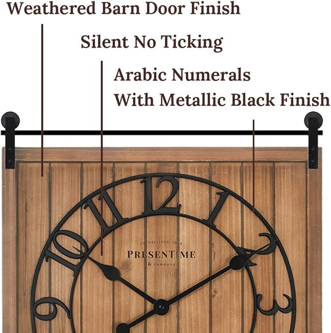 Presentime & Co Farmhouse Barn Door Clock, Shiplap Style, Brown Wood Color, Silent No Ticking, 3D Arabic Numeral, 23" H x 21" W. Home Decoration/Wall Decoration/Farmhouse Décor