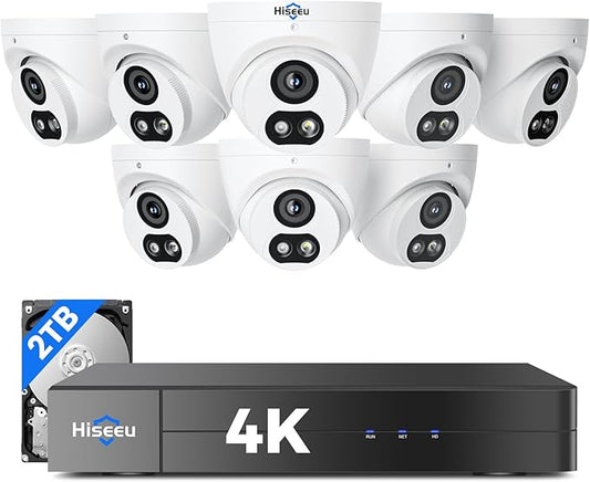【121°Wide View+4K HD】 Hiseeu 4K Security Camera System, 8 Pcs 8MP PoE Security Camera Outdoor&Indoor, No Monthly Fee, Human Vehicle Detect, Smart Playback, 2TB Hard Drive for Surveillance 7/24 Record