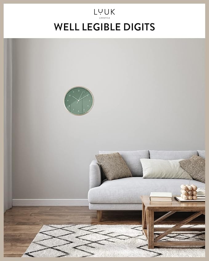 LUUK LIFESTYLE Silent Wall Clock with Quartz Movement, Modern and Minimalist Design, Deco for Kitchen, Living Room, Gift idea, Dark Green and Gold